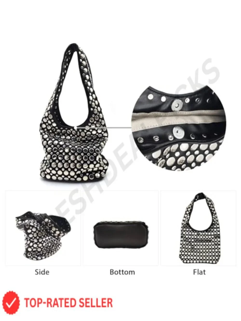 Punk Studded Hobo Shoulder Bag for Women Top Handle Tote Purse